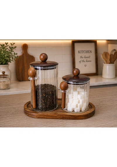 2'li Akasya Kapaklı Kaşıklı Cam Kavanoz Seti Akasya Standlı 650ml,1000ml Şeffaf
