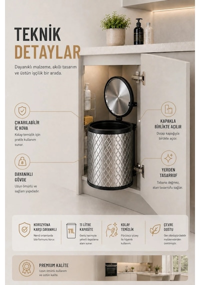Banyo, Mutfak Dolabı İçi 11 Litre Metal Çöp Kovası – Krom, Tüm Dolaplara Uyumlu Tezgah Altı Çöp Kovası