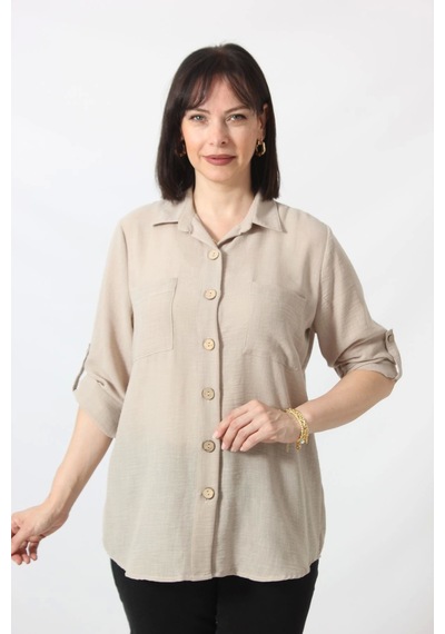 Moda Berray Bb-077 Bej Pamuk Keten Kolu Apoletli İki Cepli Kadın Büyük Beden Gömlek Bej