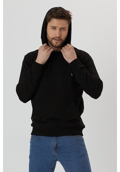 Mmetalic Erkek Siyah Kapüşonlu Nakış Detaylı Sweatshirt