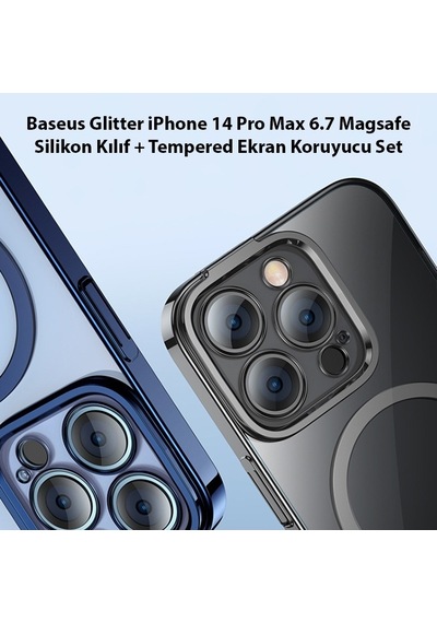 Baseus Glitter Apple Uyumlu iPhone 14 Pro Max 6.7 Magsafe Silikon Kılıf + Tempered Ekran Koruyucu Set
