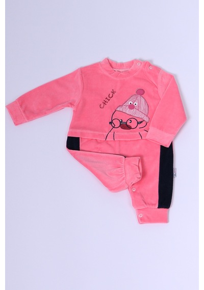 Hçm Bebek Kadife Tulum Uzun Kollu Çıtçıtlı Baskılı D5 Pembe