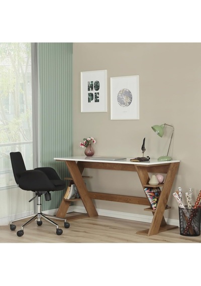 Lungo Raflı Çalışma Masası, Ofis Masası, 60x140 Cm, Koyu Meşe&beyaz Çok Renkli
