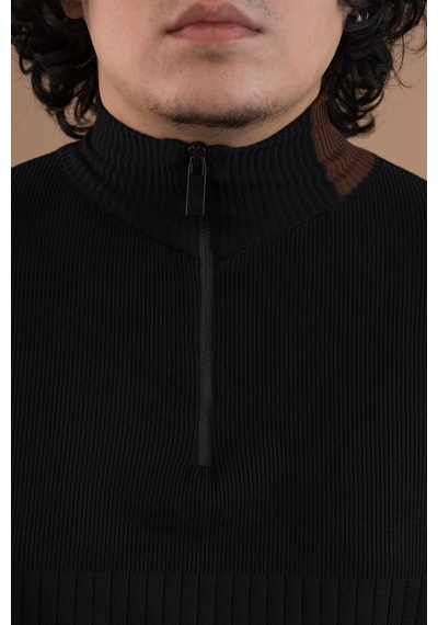 Fermuar Yaka Yarım Balıkçı Likralı Erkek Sweatshirt Siyah