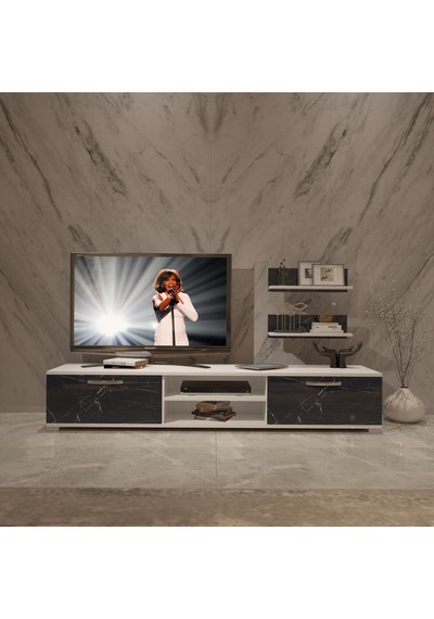 Decoraktiv Eko 4 Mdf Dvd Tv Ünitesi Tv Sehpası Beyaz - Siyah Mermer