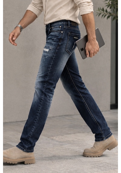 Cedy Denim Cedy Denım Özel Yıkama Yırtık Detaylı Slim Fit Dar Paça Likralı Kot Pantolon Premium Tasarım Esnek Jean Ct1215-lacivert Lacıvert