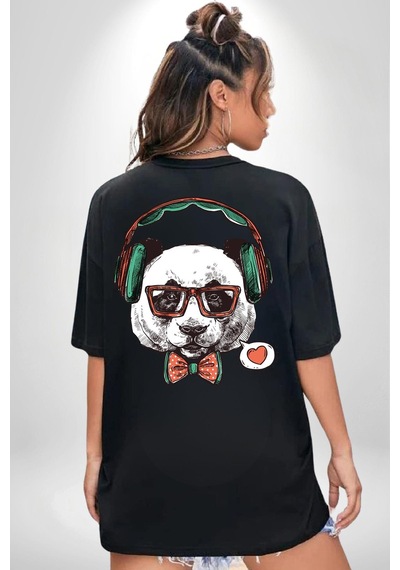 Kulaklıklı Hipster Portre Panda Siyah Oversize Unisex Ön Ve Sırt Baskılı Tişört Siyah