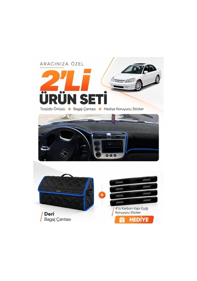 E-biz Honda Civic Vtec2 2002-2005 Uyumlu Torpido Örtüsü + Deri Bagaj Çantası - Siyah-mavi - Ho009