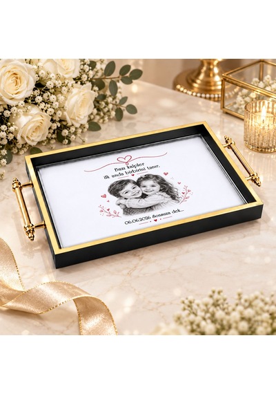 Bk Gift Kişiye Özel Fotoğraflı Siyah&gold Söz Nişan Tepsisi-2 - 39x23 Cm Çok Renkli