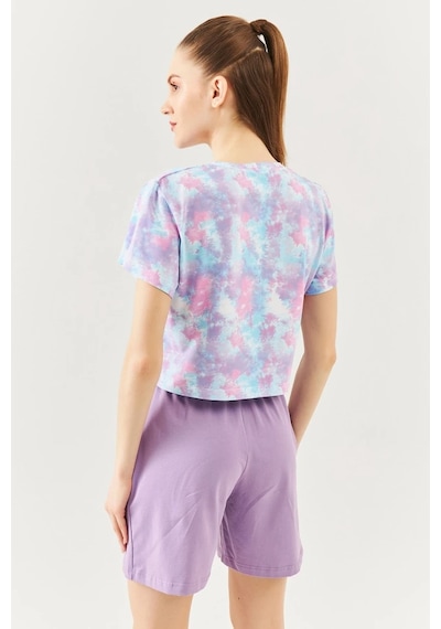 Kadın Rahat %100 Pamuklu Penye Bisiklet Yaka Kısa Kol Basic Crop T-shirt Batik Aqua