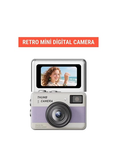 Retro Mini Dijital Kamera 1080p 1.47 İnç Flip Ekranlı Flaşlı Selfie Vlog Kamerası 4gb Sd Hediyeli Mor Çok Renkli
