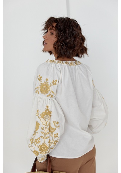 Femelle Kadın Ekru Püsküllü Nakış İşlemeli Vintage Bluz