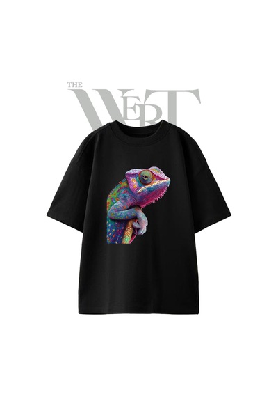 Thewert Rainbow Chameleon Tasarım Baskılı Ünisex Siyah Oversize T-shirt