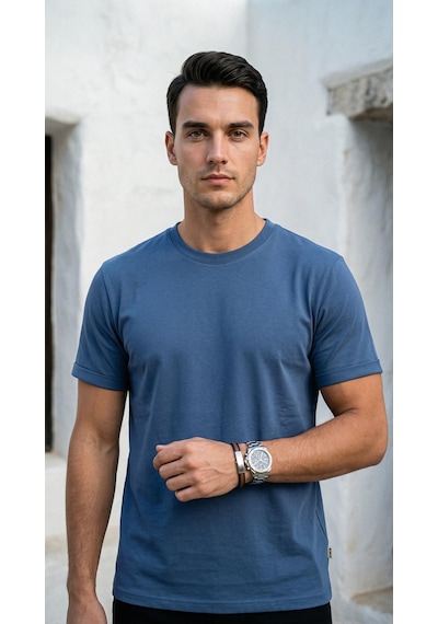 Plus Scorpion T02 Kol Katlama Erkek Slim Fit Basic Tişört Bisiklet Yaka, Düz Kumaş, Yazlık Model İndigo
