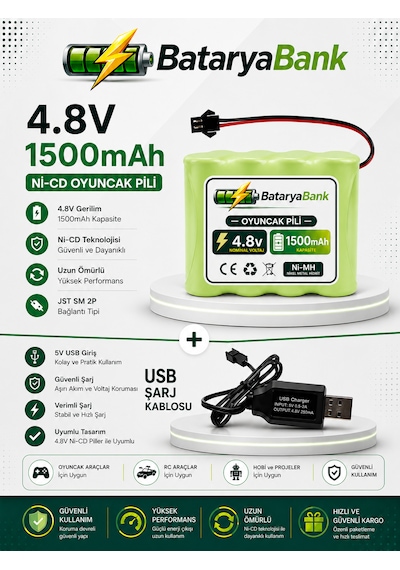 4.8v 1500mah Oyuncak Araba Pili Bataryası + Usb Şarj Cihazı Siyah Soketli Ni-mh Şarjlı Batarya Seti