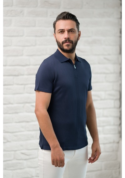 San&fa Slimfit Fermuar Kapamalı Rayon Kumaş Likralı Polo Yaka T-shirt Lacivert