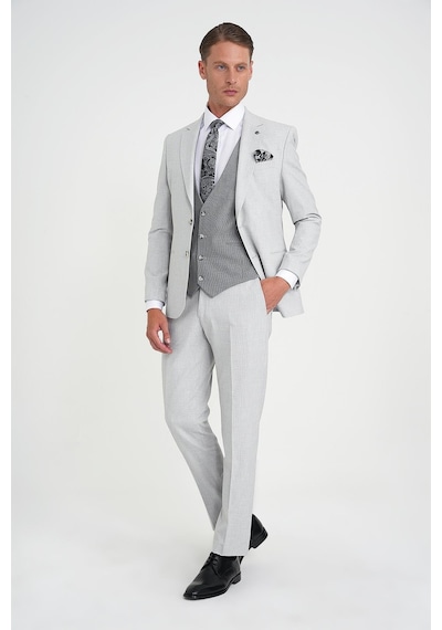 Efor Slim Fit Fleto Cep Pötikare Desenli Yelekli Gri Takım Elbise Tk 922 Gri