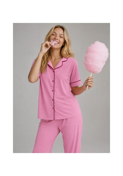 Rindahomewear Kadın Pamuklu Örme Kumaş Pembe Kısa Kol Düğmeli Arabiyeli Pijama Takım Pembe