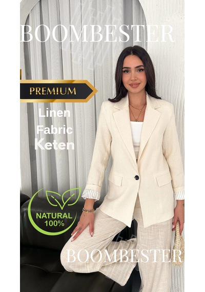 Boombester Kadın Flam Keten Astarlı Blazer Ceket Çizgili Astar Detay Rahat Kalıp İnce Ceket Ekru Boombester Kadın Flam Keten Astarlı Blazer Ceket Çizgili Astar Detay Rahat Kalıp İnce Ceket Ekru
