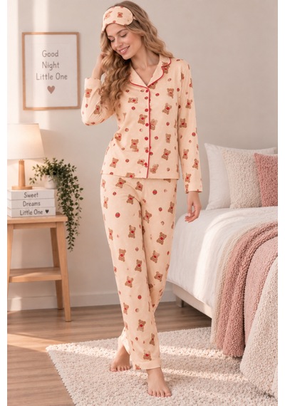 Free Beka Krem Ayıcık Desenli Biye Detaylı Kadın Uzun Kollu Pijama Takımı