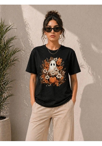 Freedom Storee Kadın Balkabağı Hayalet Baskılı Tişört Kısa Kol Yazlık T-shirt - Siyah Çok Renkli