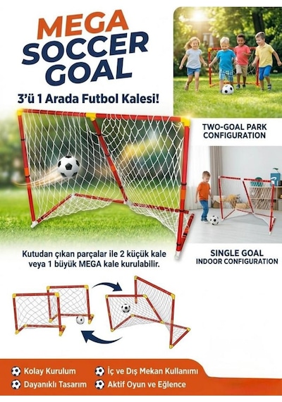 3'ü 1 Arada Mega Futbol Kalesi Taşınabilir Fileli 120cm Toplu Eğlenceli Futbol Kalesi Oyun Seti