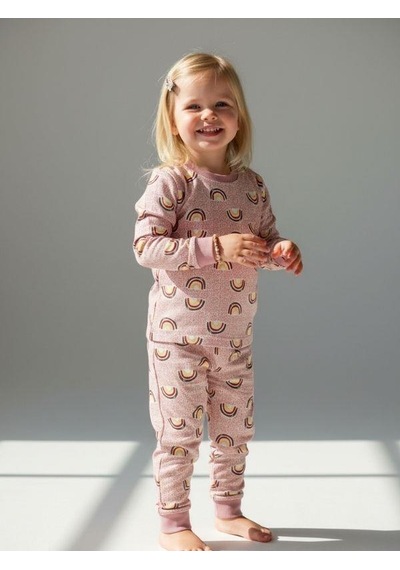 Kız Çocuk Pamuklu Gökkuşağı Desenli Pijama Takımı-16274 Renkli