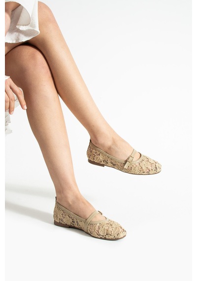 Dabab Shoes Merına Kadın Bej Düz Babet Dantel Dokuma Çiçek Desenli Tokalı Düz Ayakkabı