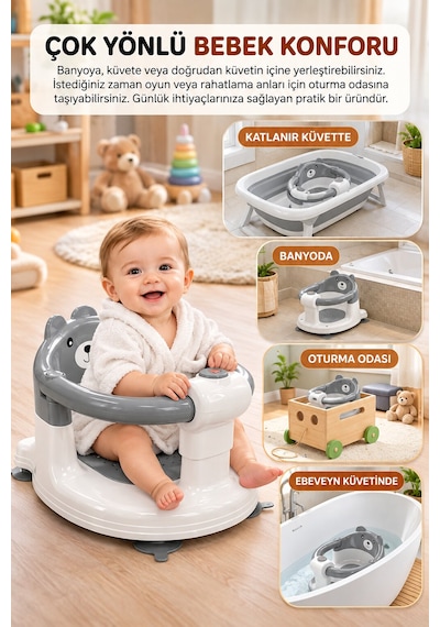Baby Home Cooki Önden Açılır Banyo Mama Oturağı Güvenli Kullanım Ve Rahat Oturma Alanı Gri