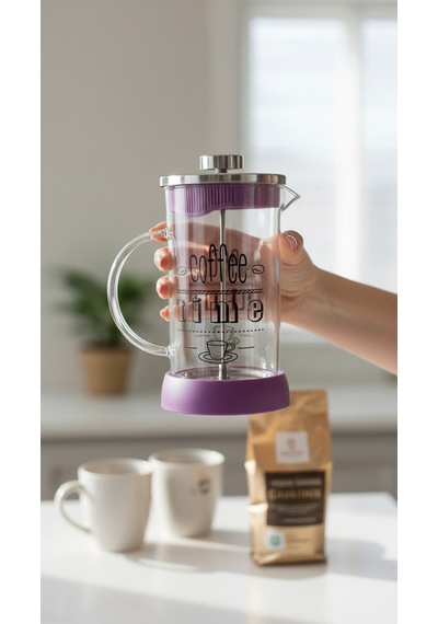 French Press - Filtre Kahve Ve Bitki Çayı Demliği 600 Ml Mor Çok Renkli