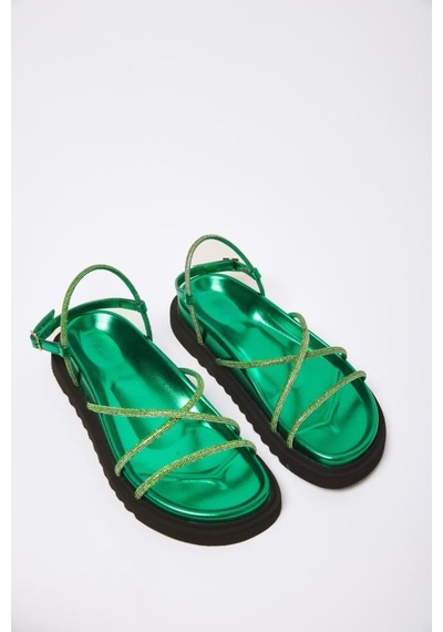 Selin Shoes Filin Taşlı Kadın Sandelet- Yeşil
