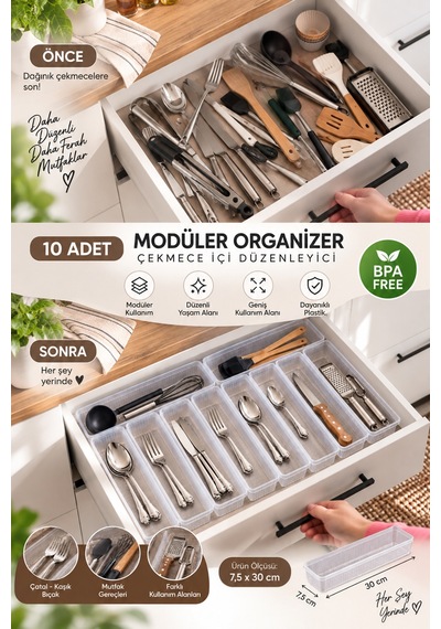 Porsima 0382 Modüler 10'lu Çekmece İçi Organizer Seti 30x7.5 Cm - Çatal Bıçak & Ev Düzenleyici Şeffaf