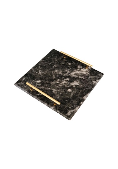 Lux & Marble Storm - Siyah Mermer Pirinç Kulplu Kare Tepsi
