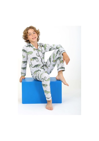Vitmo Erkek Çocuk Pijama Takımı Düğmeli Tropikal Desen Uzun Kollu Gri