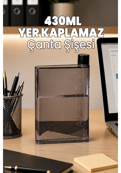 430 Ml Matara - Çantada Yer Kaplamaz Suluk - Ofis Okul Suluğu - İnce Şişe Dar Şişe - Sığ Su Şişesi Siyah