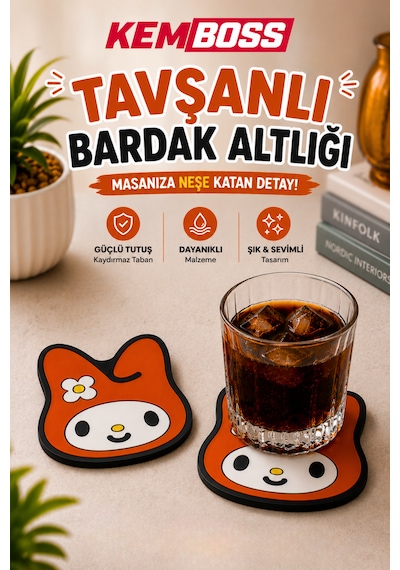 Kemboss Tavşanlı Bardak Altlığı 2'li Set - Pvc Kaydırmaz Bardak Altlığı Kahve Kupa Çay Bardağı Altlığı Masa Koruyucu Çok Renkli