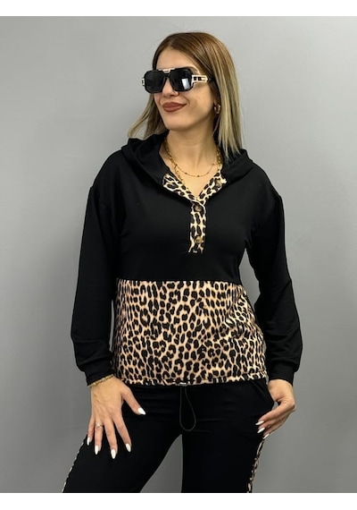 Emh Store Kadın Uzun Kollu Leopar Detay Sweat Ve Yanı Leopar Şerit Detay Pantolon Ikili Takım Siyah