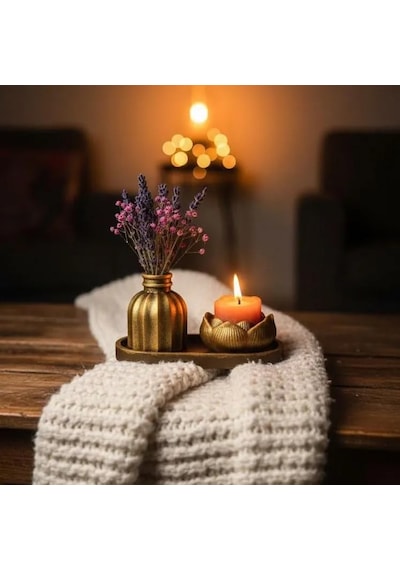Mireva Lotus Tealight Mumluk Ve Mini Vazo Seti Dekoratif Tepsi Üzerinde Altın Renk Mumluk Seti, Masa &amp Sehpa E Çok Renkli