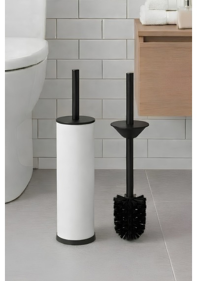 Sas Haus Metal Tuvalet Fırçası - Modern Banyo Klozet Fırça Takımı - Kapaklı Tasarım Titan Beyaz 7000 Beyaz