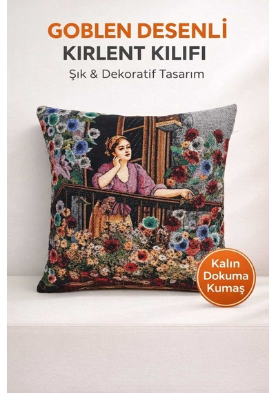 Goblen Balkondaki Kadın Desen Kırlent Kılıf Kahverengi