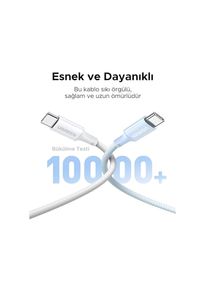 Ugreen Usb-c 100w 5a Qc Pd Örgülü Hızlı Şarj Kablosu, 1 Metre, Mavi, 65253 -