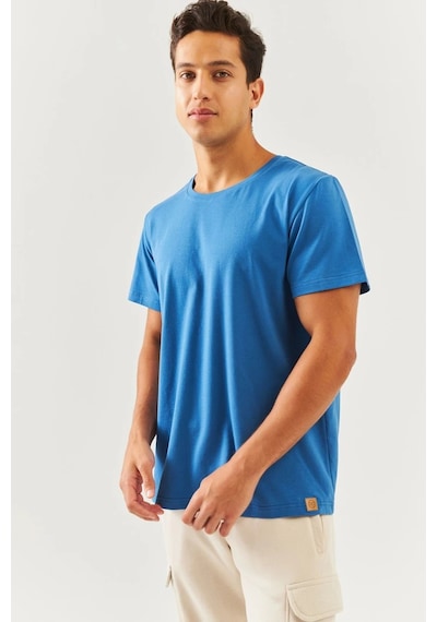Erkek Oversize Rahat %100 Pamuklu Penye Bisiklet Yaka Kısa Kol Basic T-shirt Classic Collection Mavi