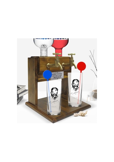 Kişiye Özel Renkli Baskılı Atatürk Temalı İkili Vodka Bardağı Ve Çift Musluklu Doğal Ahşap Vodka Standı-28