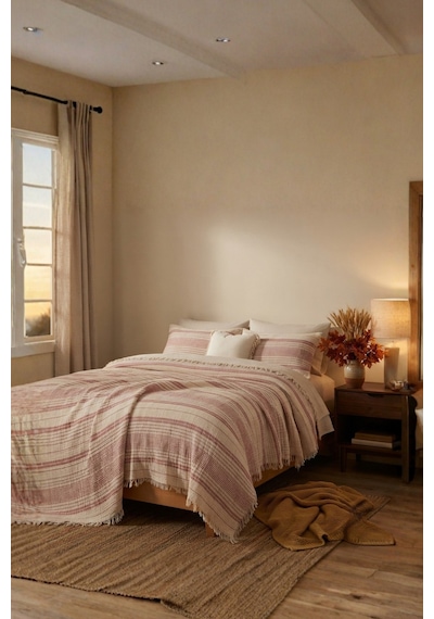 Natura Soft Ekru 4 Kat Müslin Çift Kişilik Yatak Örtüsü 220x230 Cm %100 Pamuk Çok Amaçlı Koltuk Örtüsü Ve Tv Battaniyesi Gül Kurusu