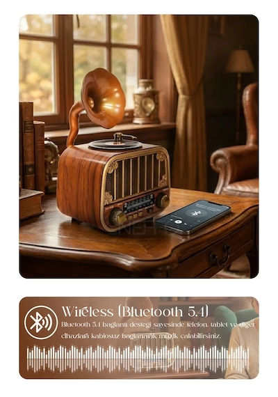 Nostaljik Gramofon Tasarımlı Bluetooth Hoparlör & Plak Çalar Görünümlü Radyo