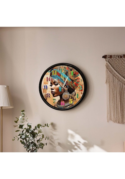 Etnik Afrika Kadın Sanatsal Portre Dekoratif Duvar Saati 28 Cm Sessiz Mekanizma Çok Renkli