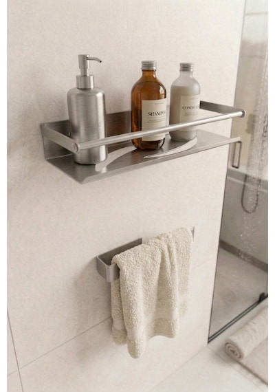 Zift Unique Paslanmaz Çelik Yapışkanlı Duş Rafı Ve Havluluk Set, Havlu Askısı Ve Banyo Raf Inox