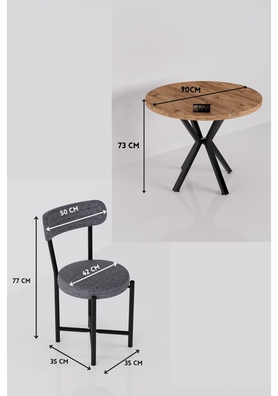 Mutfak Masası 4 Sandalyeli Set 90 Çap Yuvarlak Cafe Balkon Ofis Masa Yemek Takımı Teddy 9861 Antrast Gri