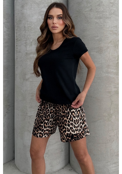 Lesa Wear Yüksel Bel Bol Kesim Keten Görünümlü Çift Cepli Şort Leopar