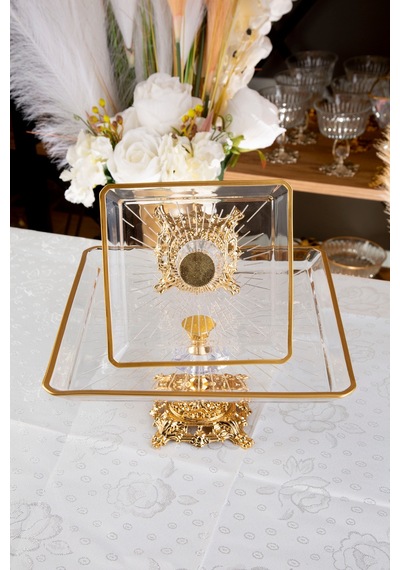 Argkristal Gold Detaylı Metal Ayaklı Madlen 2 Boy Kare Servis Sunum Tabağı 2 Parça Altın
